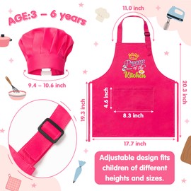 R HORSE Kid Apron and Chef Hat Set - 4Pcs Rose Red Adjustable Children Kitchen Toddler Apron for Girls Role Play Chef Toy Cooking Baking Painting and Training Kit Kid Funny Cooking Gift Birthday Gift