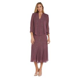 R&M Richards Women's Midi Beaded Jacket Dress, Dark Rose