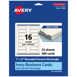 Avery Printable Rectangle Rounded Corner Mini Business Cards, Sure Feed Technology, 1" x 3", Matte Ivory Cardstock, Print-To-The-Edge, Laser/Inkjet Printable, 400 Total