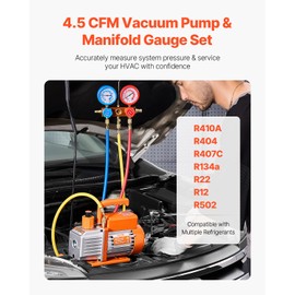 VEVOR 4.5 CFM AC Vacuum Pump and Gauge Set, Single Stage Rotary Vane HVAC Air Vacuum Pump, A/C Refrigerant Manifold Gauge Kit, with Leak Detector Hoses, for R134a, R12, R22, R502a, R410A, R404, R407C