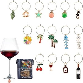 PAHAFENRY 15PCS Beach Theme Wine Glass Charms Funny Wine Glass Charm Rings for Women Drink Identifiers for Party Decorations