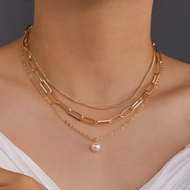 Gold Layered Choker Necklace for Women Girls White Faux Pearl Pendant Necklace Dainty Flat Snake Chain Layering Necklace Valentines Day Gift