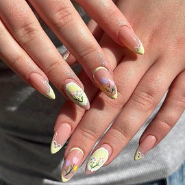 QQPPOLIU Pink Press on Nails Medium Length Almond Glue on Nails with Flower Design Cute Fake Nails for Summer and Daily 24Pcs