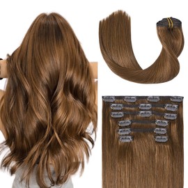 UGOTRAYS Light Brown Hair Extensions Clip in Human Hair 12 Inch 70g 7pcs Remy Hair Silky Straight 16clips One Pack #6 Chestnut Brown Hair Extensions