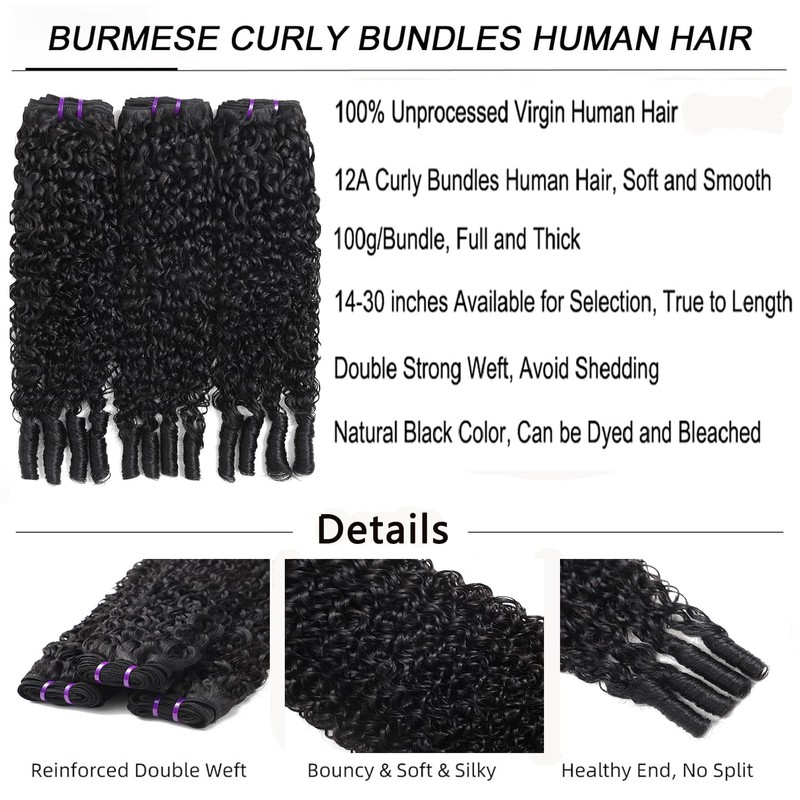 Vanlov 3C4A Burmese Curly Human Hair Bundles 20 22 24