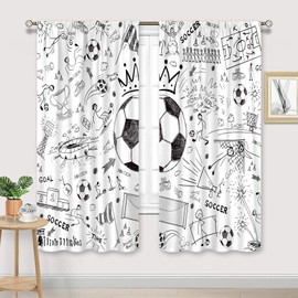 Cinbloo Soccer Sport Boys Curtains 42Wx63H Inch Rod Pocket Football Black White Graffiti Funny Sketch Unique Cool Art Printed for Kids Teens Living Room Bedroom Window Drapes Treatment Fabric 2 Panels