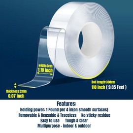 GTOMEI Double Sided Tape Heavy Duty,Multipurpose Clear Mounting Tape Picture Hanging Adhesive Strips, 10FT Removable Strong Sticky Strips Carpet Nano Tape Poster Two Sided Tape