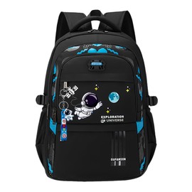 Space Kids Backpack for Boys, Multi-Pocket Boys School Bags Backpacks with Astronaut Pendant, Black