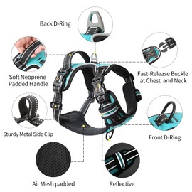 HEELE No-Pull Dog Harness, Chest Harness for Large Dogs, Adjustable, Reflective and Breathable Dog Harness with Padded Handle, Turquoise, L