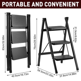 3-Step Ladder, Folding Step Stool for Kitchen/Closet/Garage, Sturdy & Lightweight Aluminum Handy Ladder, 250 lbs Capacity, Anti-Slip Pedals, Compact & Portable for Home DIY & Everyday Tasks