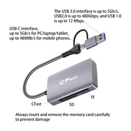 Xingbaichen CFast 2.0 Card Reader, USB 3.0 or USB C Port, 3-in-2 CFast Card Reader Portable Aluminum CFast Memory Card Adapter, Compatible with: Windows/Mac/Linux/Android/ChromeOS, etc (3in2)
