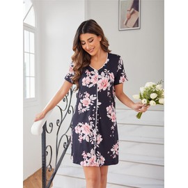 Ekouaer Women Soft Nighties V-Neck Button Down Nightdress Classic Sleepshirt Relaxed Nightshirt Sleepwear