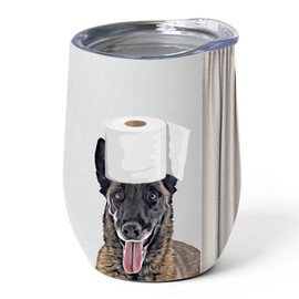 Funny Belgian Shepherd Sable Malinois Tumbler 12oz - Stainless Steel Insulated Travel Mug with Lid - Adorable Pet with Toilet Paper Design Gift Idea for Dog Owner & Puppy Lover