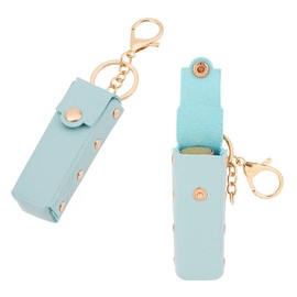 WADORN Pack of 2 Chapstick Key Chain Holders, 15.3 cm PU Leather Lipstick Organiser Holder with Key Chain Mini Lip Gloss Travel Storage Case Portable Snap-On Lip Balm Sleeves, Green
