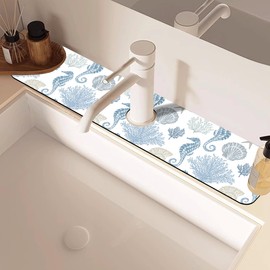 Marine Seashell Seahorse Coral Kitchen Sink Splash Guard Mat Absorbent Fast Drying Mat Faucet Draining Mat Sink Splash Guard Behind Faucet Drip Catcher for Kitchen Bathroom 5.5"×24"