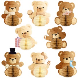 JarThenaAMCS 8Pcs Bear Honeycomb Centerpiece Baby Shower Table Decoration Centerpiece 8 Designs Brown Paper Honeycomb Balls for Wedding Birthday Party Decor