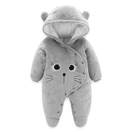 Baby Hooded Romper Fleece Snowsuit Cartoon Jumpsuit Fall Winter Outfits, Grey 0-3 Months