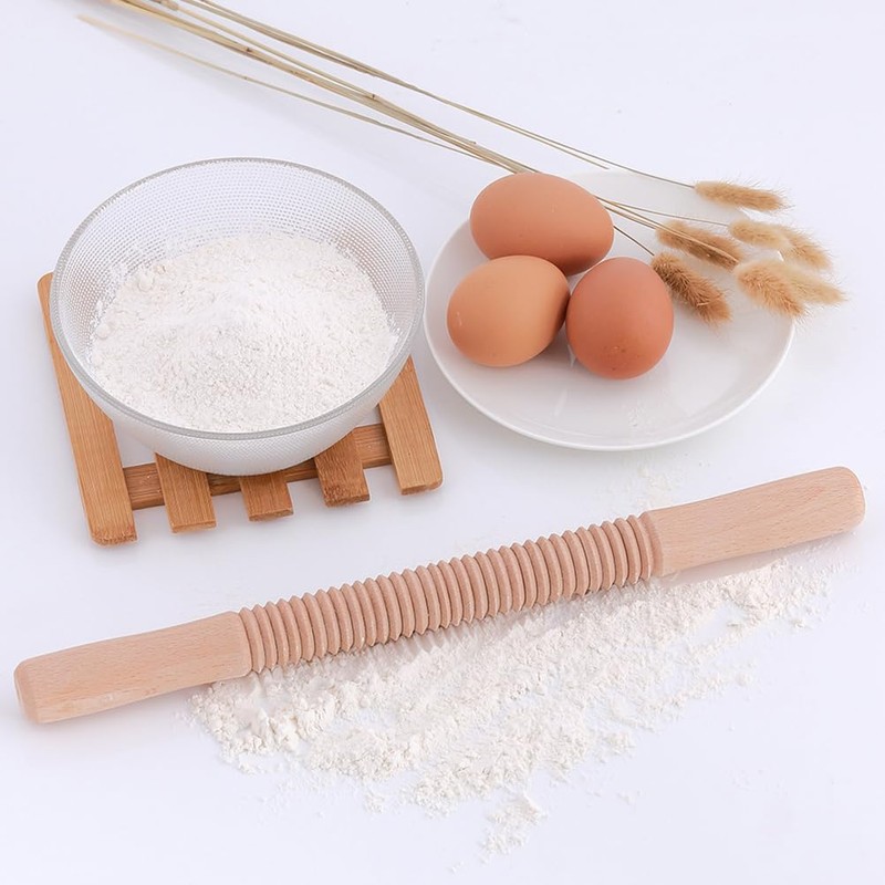 Hemoton Wooden Rolling Pin Cutter Non-Stick Textured Roller Stick for