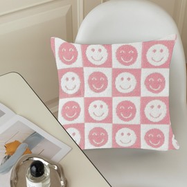 NIDITW Set of 2 Ultra Soft Smiley Faces Checkerboard Throw Pillow Cover Microfiber Chessboard Gingham Square Cushion Case Cozy Fluffy Checkered Knit Pillowcase for Sofa Couch 18x18 Inches (Pink)
