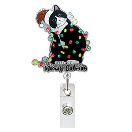 Cute Christmas Cat Badge Reel - Glitter Retractable Badge Holder with Alligator Clip ID Holder - Acrylic Badge Reels for Nurse, Doctor, Office