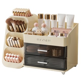 UFORU Makeup Organizer for Vanity with Brush Holder, Countertop Skincare Organizer with 2 Drawers, Spacious Cosmetic Display Case for Perfumes, Eyeshadow Palettes, Nail Polishes