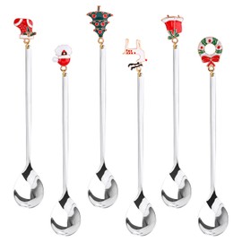 Christmas Coffee Spoons, Pack of 6 Christmas Spoons, Christmas Stainless Steel Dessert Teaspoons with Christmas Pendant, Christmas Tree, Elk Hat, Bells for Tea Soup, Gift Box Packaging (Silver)