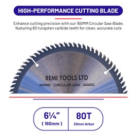 REMI TOOLS LTD Circular Fine Cutting Wood Saw Blade TCT Circular 160mm x (20mm Bore)(16mm Reduction Ring) x 80 Teeth x 2.5mm Kerf