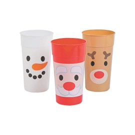 Fun Express Set of 12 Pieces Holiday Faces Plastic Tumblers, Holds 32 oz, BPA Free Plastic, Christmas Party Supplies, Multi-Color