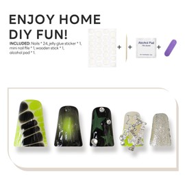 24 Pcs Duck Nails Press on French Tip Fake Nails Y2K Chartreuse False Nails Stars 3D Jewel Charm Designs Artificial Duck Fake Nails Glitter Stick on Acrylic Nails Artificial Nails for Women