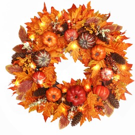 20 Inch Fall Wreaths for Front Door, Autumn Wreath with Pumpkin Maple Leaves Berry Pinecone Fall Decorations for Home Thanksgiving Porch Wall Window Outside Indoor Harvest Decor