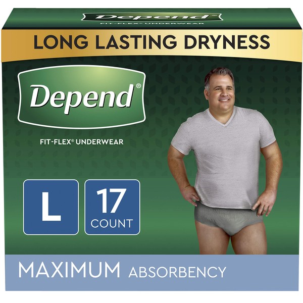 Depend FIT-FLEX Incontinence Underwear for Men, Maximum Absorbency, Disposable, Large, Grey, 17 Count