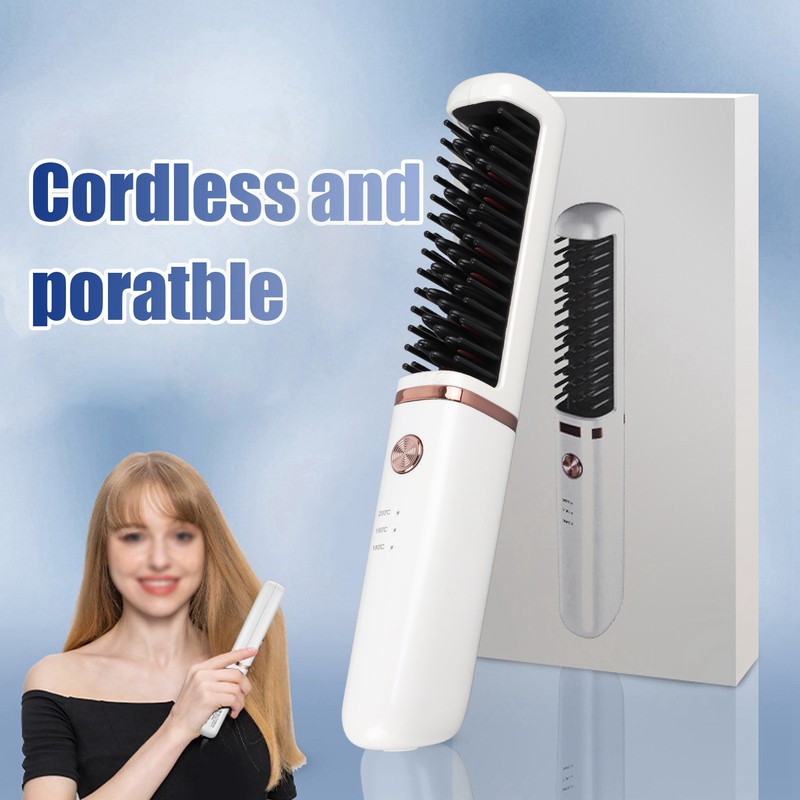 Hair Straightener Brush USB Rechargeable Hair Straightening Curling Brush Pearl