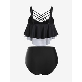 Rosegal Womens Plus Size Skeleton Print Flounce Crisscross Strappy Tankini Swimwear Set(Black_2/M)