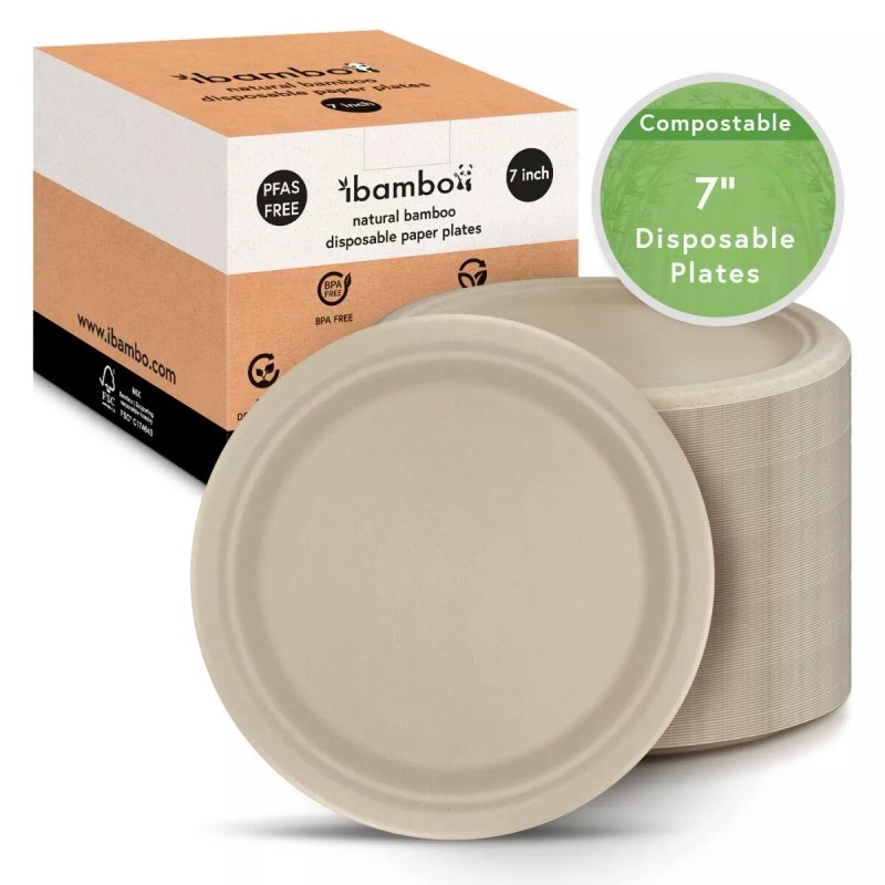 Ibambo Bamboo Disposable Paper Plates - Compostable Plate, PFAS Free