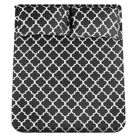 Mejoroom Full Bed Sheet Set - Super Soft Brushed Microfiber 1800 Thread Count Sheets with 16inches Deep Pocket - Wrinkle Free - 4 Piece(Full, Black Quatrefoil with White Pattern)