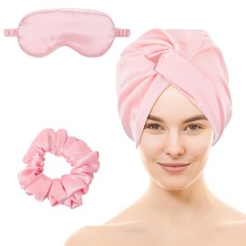 Amgkonp Adjustable Silk Satin Hair Bonnet for Sleeping, Double Layer Hair Wrap Sleep Cap Turban with Hair Scrunchies and Silk Eye Mask,Night Turban for Large Long Curly Braid Women (Pink)