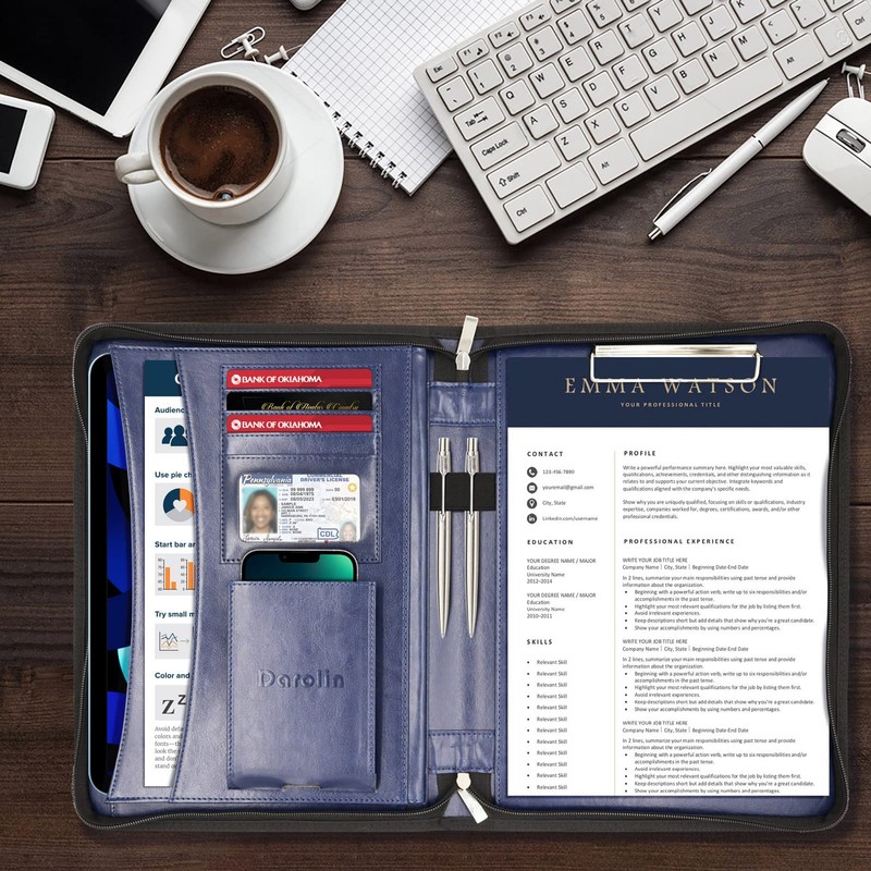 Darolin Zippered Leather Padfolio Portfolio with Hidden Handle and Clipboard,