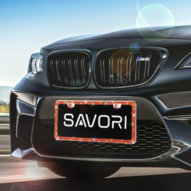 Car Bling License Plate Frame Sparkly 2 Holes 3 Row Acrylic Crystal Stainless Steel Universal License Plate Frame with Screw Caps Covers for US Auto Vehicles (2 Pack, Red)