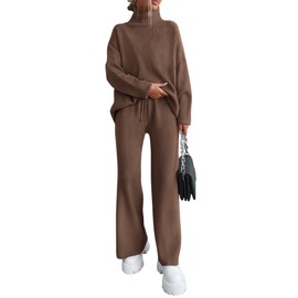 dowerme Women Fall 2 Piece Outfits 2025 Winter High Neck Sweater Sets Drawstring Wide Leg Pant Chunky Knit Lounge Set(Brown,Large)