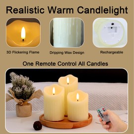 Warmhere Rechargeable Flameless Candles, Flickering LED Candles with Remote and Timer, Long Lasting Ivory Real Wax Electric Pillar Candle for Home Wedding Decorations, Set of 3, D 3" H 4" 5" 6"
