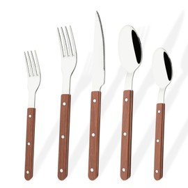 Uniturcky 20 Pieces Forged Silverware Set for 4, Stainless Steel Wooden Grain Handle Flatware Cutlery Set, Tableware Eating Utensils for Home Kitchen Restaurant Party, Brown Handle