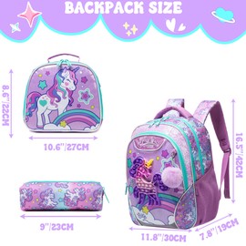 Meetbelify Unicorn Backpack for Girls School Backpacks for Elementary Kindergarten Student Kids Back to School Supplies with Lunch Box Pencil Case 3 in 1 Bookbag for Girls Ages 6-8 8-10 Purple
