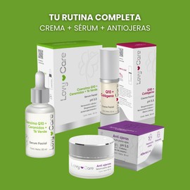 LOVY CARE Kit de Cuidado Facial Completo, 1 Sérum Coenzima Q10, Ceramidas y Té Verde + 1 Crema Hidratante con Colágeno + 1 Sérum Antiojeras con Cafeína y Pepino, Piel Radiante y Rejuvenecida