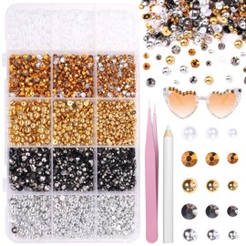 12000 Pcs Gold White Flatback Pearls and Rhinestones for Crafting, 3-5 mm Jelly Resin Rhinestones, Mixed Size Half Pearl Bedazzling Gems for Nail DIY Crafts Mugs Bottles Tumblers Clothes Makeup