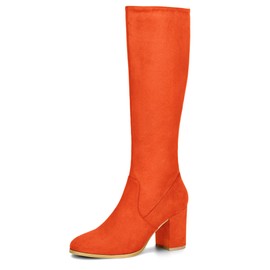 Allegra K Women's Side Zipper Chunky Heel Knee High Orange Boots 5.5 M US