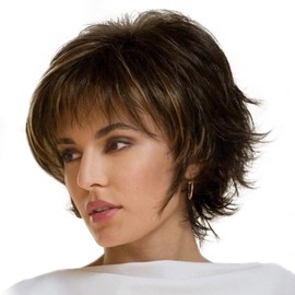 Short Hair Wigs with Bangs Layered Wavy Hair Wig Heat Resistant Synthetic Blonde Med Black Brown Natural Color for Women Daily Use MGOR