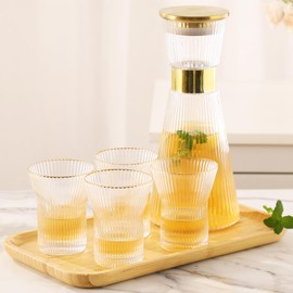 DUJUST Ribbed Glass Carafe Set, Elegant Water Carafe with Gold Decoration, 1 Crystal Glass Carafe with Golden Lid (44oz), 4 Cups & 1 Tray, with Thickened Bottom, Food-Grade Silicone, Leak-Proof