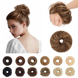S-noilite Human Hair Messy Bun Hair Piece, Hair Buns for Women,100% Real Hair Bun Wig,Invisible hair buns hair piece,Wavy-4P27 Medium Brown&Dark Blonde