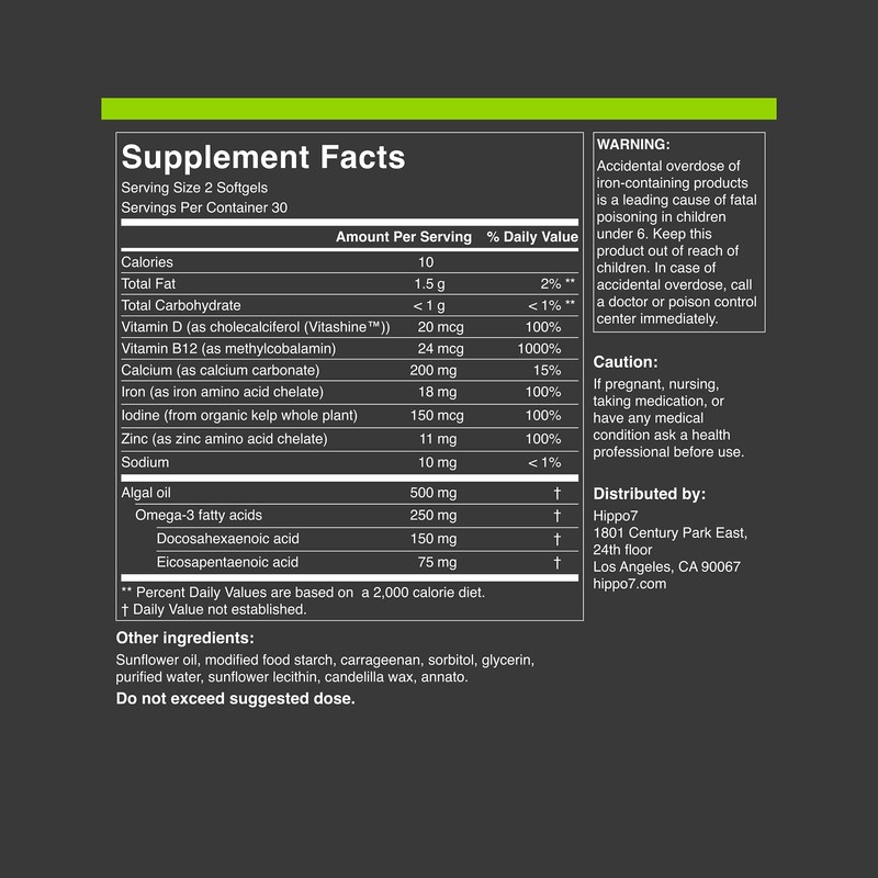 Hippo7 Vegan Complete Multivitamin Vitamin B12, Vitamin D, Omega-3 DHA+EPA,