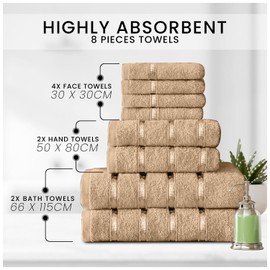 GC GAVENO CAVAILIA 8 Piece Towel Bale Set, Quick Dry Highly Absorbent Cotton Towel Sets Bathroom, Natural Towels Sets 450 GSM, 4x Face Towel 2x Hand Towels 2x Bath Towels